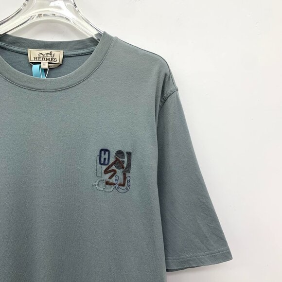 IM0311 Hermes 25 models Eucalyptus green bark embroidered cotton round neck shor - Picture 3 of 8